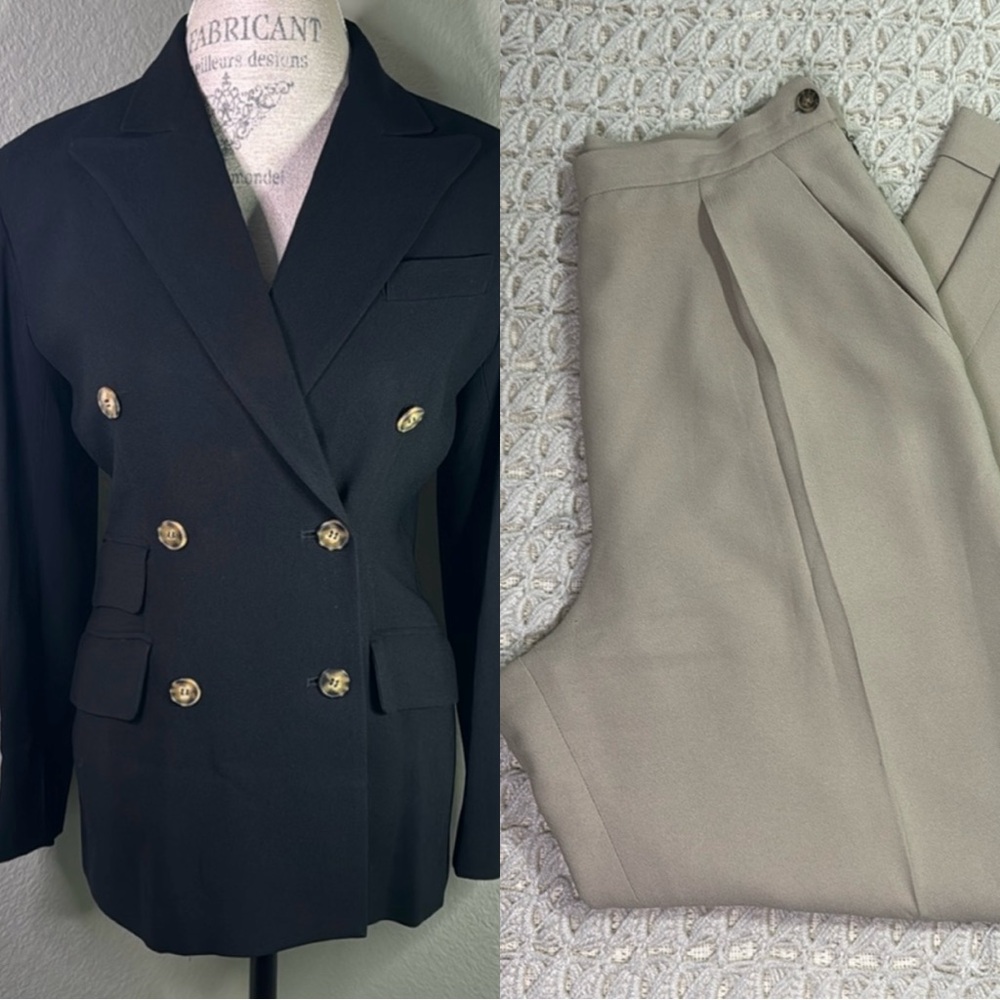 Evan Picone Double Breasted Black Blazer with Tan Pleated Pant.